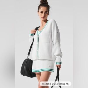 NEW Alo Yoga Tennis Club Sweater Knit Cardigan White/Spruce Green